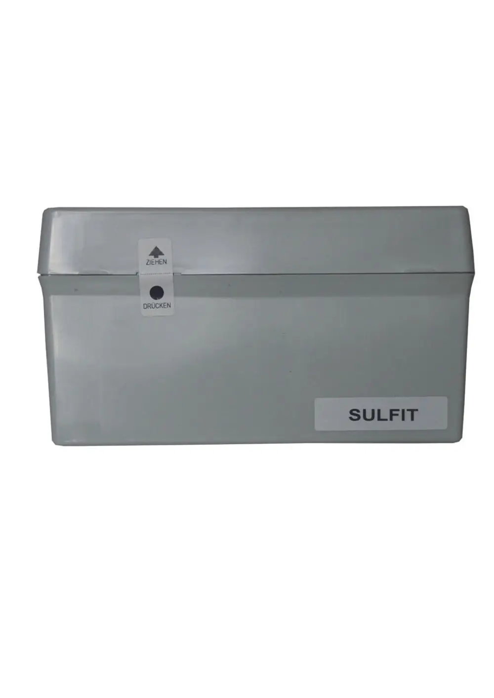 Messdose mit grauer Oberfläche und Beschriftung „SULFIT“. Auf der Oberseite befinden sich Bedienhinweise in deutscher Sprache. Judo-Produkt zur Farbmessung.